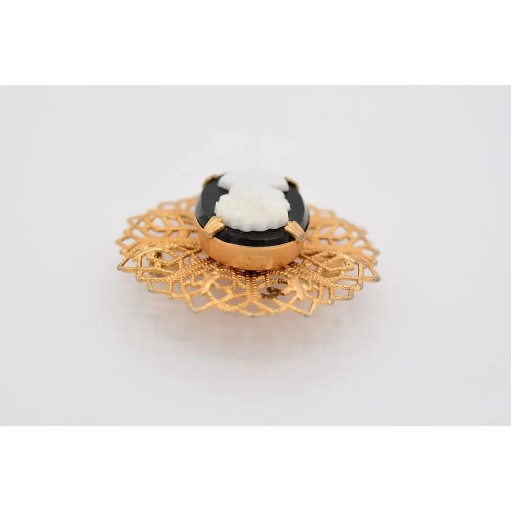 Vintage Cameo Pin Brooch Black White Textured Gold Tone Oval Round 1980s BinAT